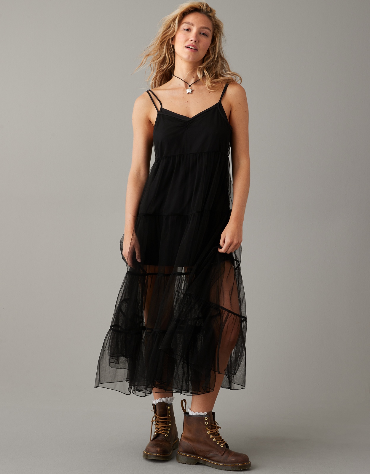 Buy AE Tiered Tulle Midi Dress online | American Eagle Outfitters